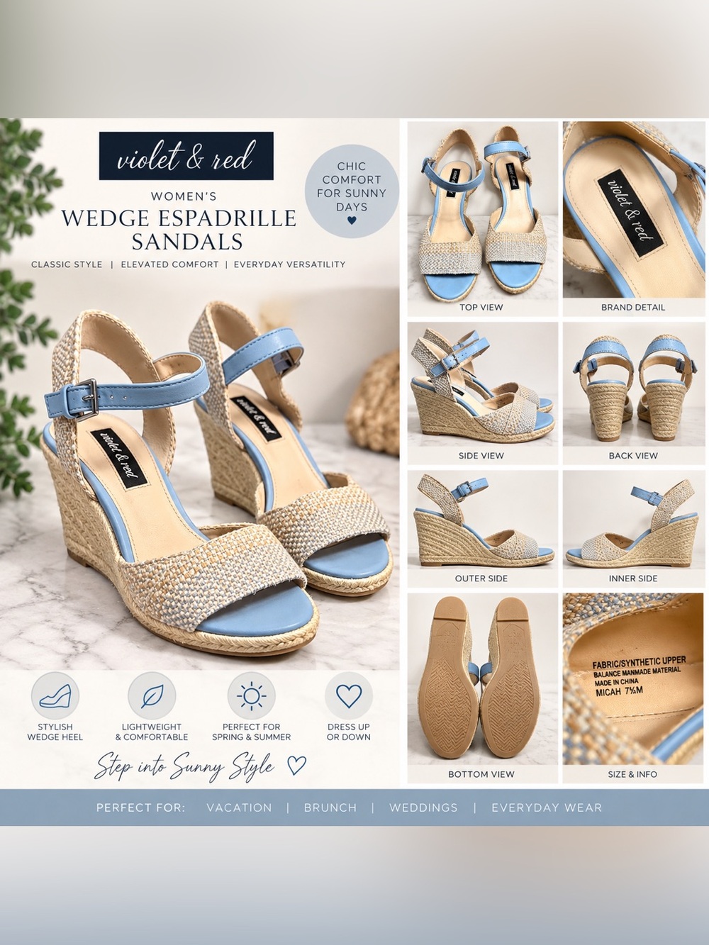 Violet & Red Micah Espadrille Wedge Sandals Blue Tan 7.5M